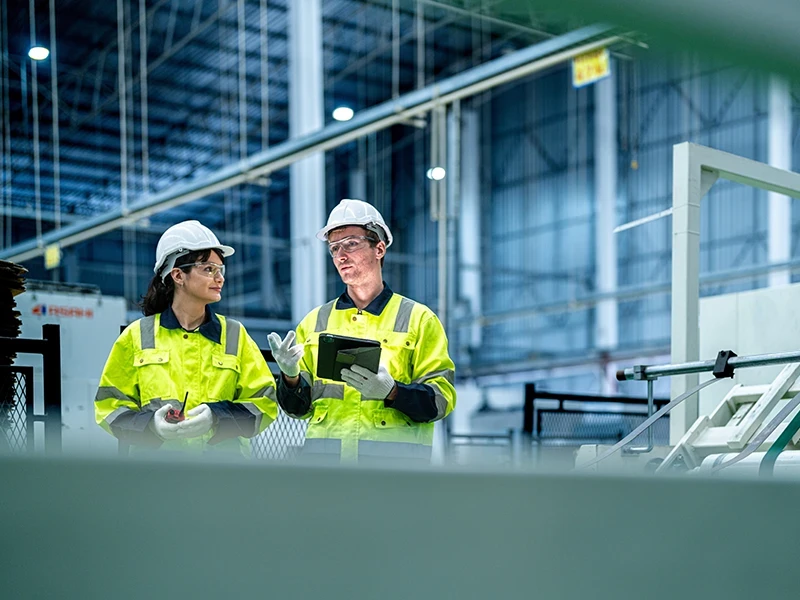 Ein kritischer Auditor lässt sich von einer Mitarbeiterin die Industriehalle zeigen.