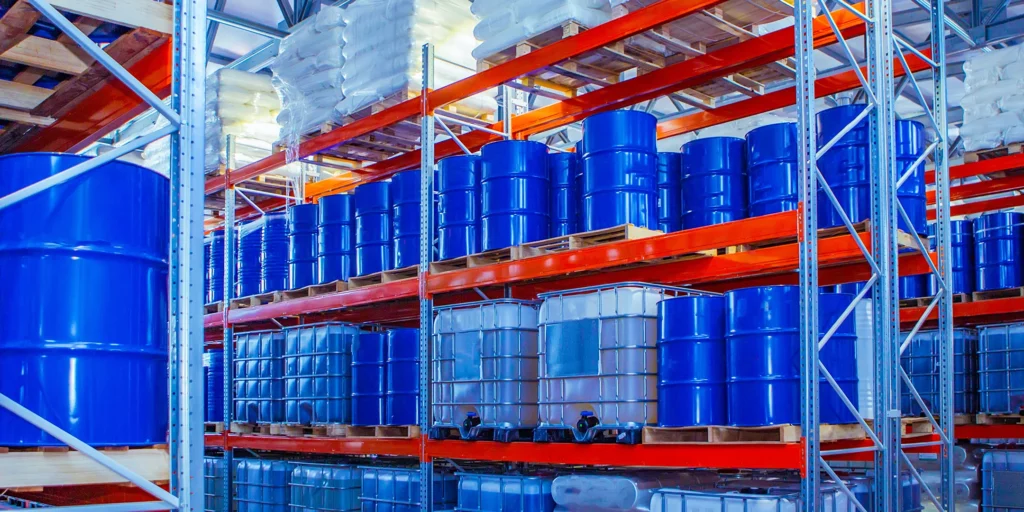 A shelf with numerous hazardous substance canisters